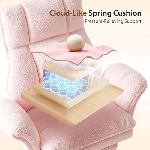 Image of Big and Tall Office Chair, Flip Armrests for Pets & Cross Legged Sitting, Executive Ergonomic Computer Gaming Chair with Foot Rest, Teddy Fleece Wide Seat Reclining Desk Chair, Pink