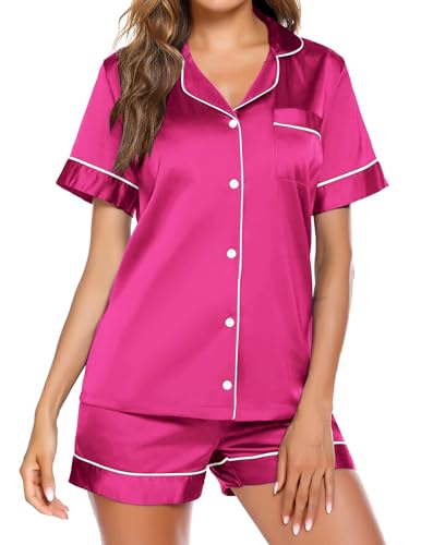 Ekouaer Pajamas for Women Set Silk Satin Pjs Button Down Sleepwear Summer Loungewear Top and Shorts Lounge Set S-XXL