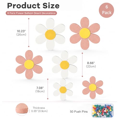 Image of Climberty 6PCS Flower Felt Bulletin Board Set with 50 Push Pins, Daisy Pin Board Wall Tiles in 3 Sizes for Photo Display, Notes, Memo Organizer, Bedroom Nursery Office Decor