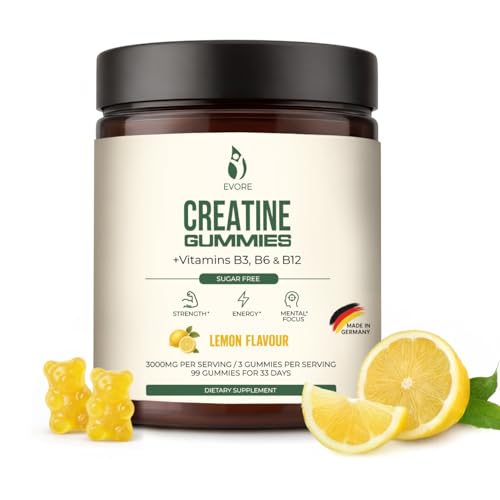 Gominolas de Creatina – 3000 mg de creatina por porción – 99 gominolas sin azúcar – Probadas en laboratorio, hechas en Alemania – con vitaminas B3, B6 y B12 – alternativa tabletas y polvos – Limon