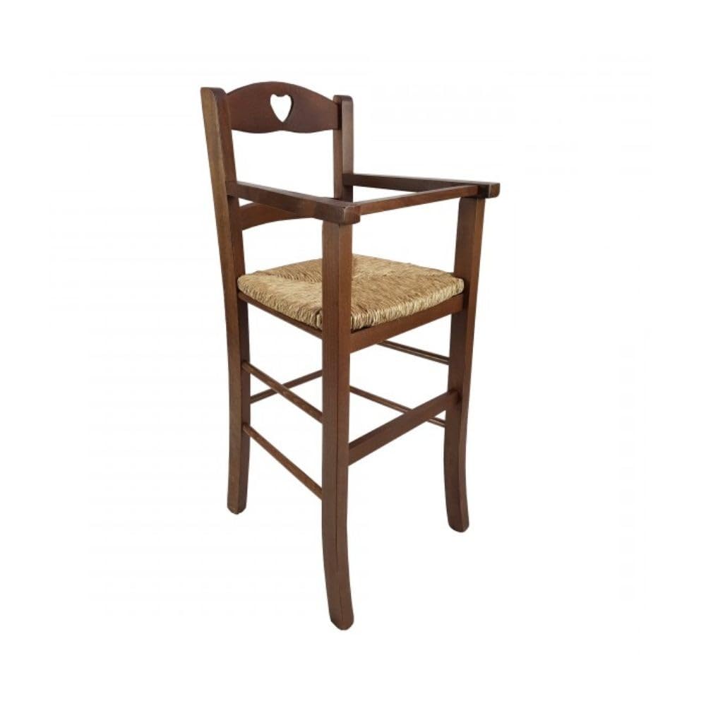 Chaise haute pour enfant en bois couleur noyer avec assise en paille