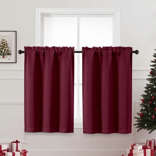 Image of Christmas Burgundy Kitchen Curtains 36 Inch Length, Thick Solid Small Cafe Window Curtain Over Sink, Blackout Short Curtains for Bathroom Basement, Each 40Wx36L, 2 PCS