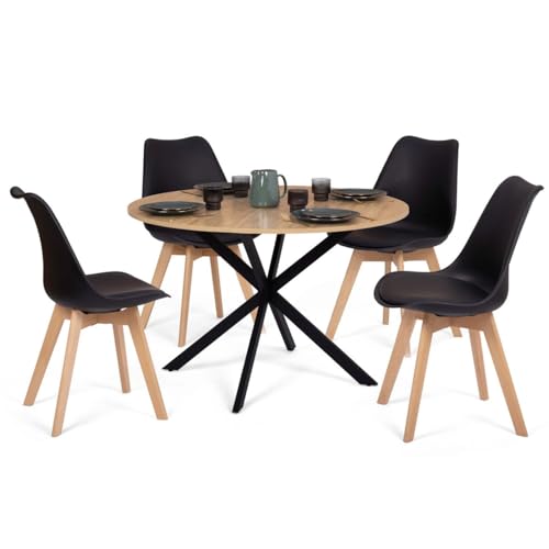 IDMarket - Ensemble Table à Manger Ronde Alix 110 cm Bois et Noir et 4 chaises SARA Noires