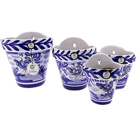 CERÁMICA RAMBLEÑA | Hängende Blumentopf Pileta | Ton hängenden Topf | Set x4 Wall Pot Patios de Cordoba Monteria Blau - Modell D118 | 100% Hand dekoriert Cover