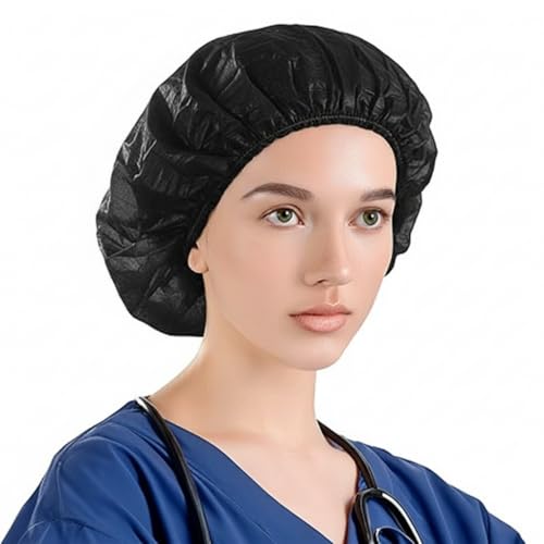 Image of Disposable Bouffant Caps for Women & Men | Non Woven Hair Net Cap | Elastic Head Cover for Hospital, Kitchen, Food Industry, Spa & Salon Use (Black, PAck Of 200)