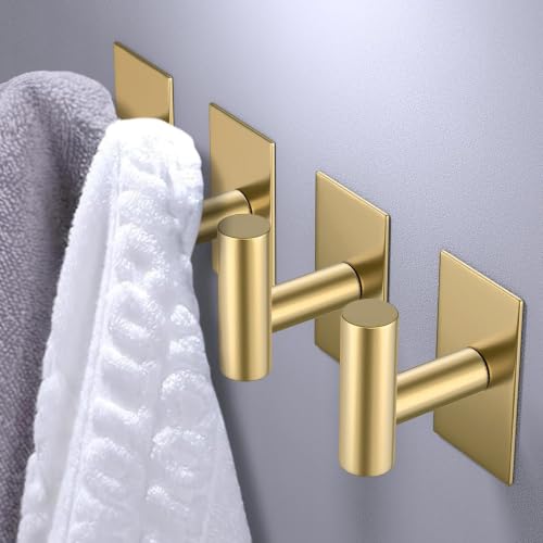 Image of VAEHOLD Wall Towel Hooks, Heavy Duty Sticky Holder Waterproof Towel Hooks for Hanging Coat, Clothes, Closet Hook Wall Mount for Kitchen (Gold, 2 Pack)