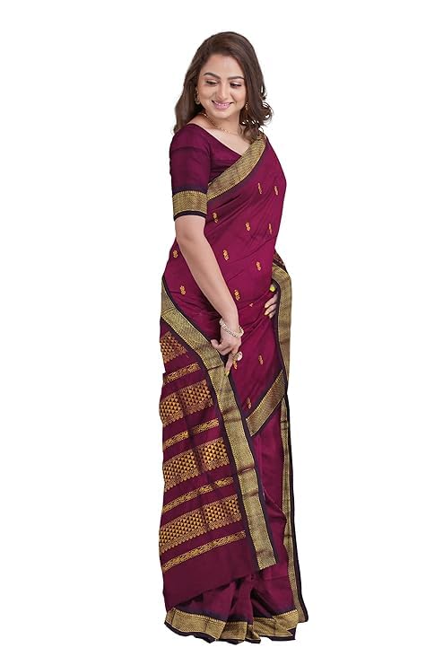 Image of Women's Premium Kanjivaram Cotton Silk Saree South Indian Paithani Sari | Gadwal Cotton Sarees Zari Border with Blouse Piece - Elegant Wedding & Festival Saree | Lightweight & Comfortable Brown 01