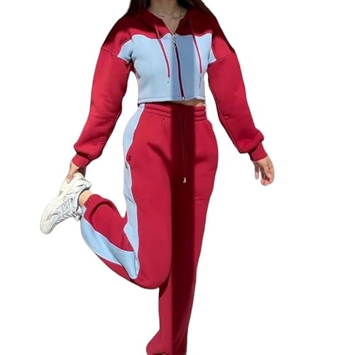 SYLDMJ Sweatshirt For Women Women'S Hooded Jacket Casual Trousers All-Match Suit-Red And Blue-Xxl