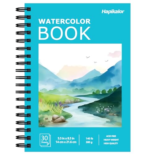 Image of Hapikalor 5.5 inchx8.5 inchWatercolor Small Sketchbook for Kids, 30 Sheets (60 Pages) Spiral Bound, Water Color Paper, 140lb /300gsm Watercolor Paper, Watercolor Notebook, Watercolor Journal, Sketch Pad, Teal