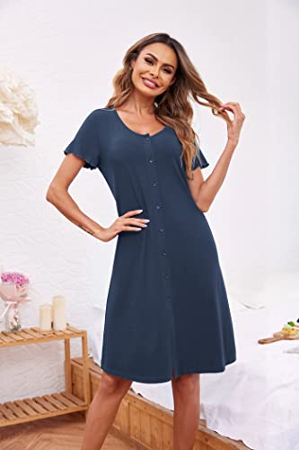 Image of Ekouaer Women's Nightshirt Short Sleeve Button Down Nightgown V-Neck Sleepwear Pajama Dress
