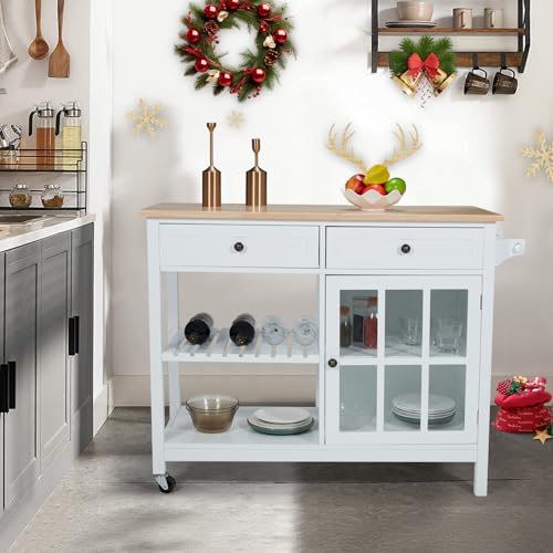 Rolling-Kitchen-Island-Cart-42-Width-Kitchen-Carts-with-Storage-Wood-Tabletop-2-Lockable-Wheels-Towel-Rack-Trolley-Cart-Utility-Glass-Cabinet-Open-Display-Shelf-Grey Rolling Kitchen Island Cart 42 Width Kitchen Carts with Storage Wood Tabletop 2 Lockable Wheels Towel Rack Trolley Cart Utility Glass Cabinet Open Display Shelf Grey