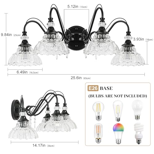 Image of Black Bathroom Vanity Light, 4-Light Matte Black Finish Farmhouse Wall Sconce with Hanging Crystal Accents and Flower-Shaped Clear Glass Shades, Retro Wall Mount Vanity Light Over Mirror for Bathroom