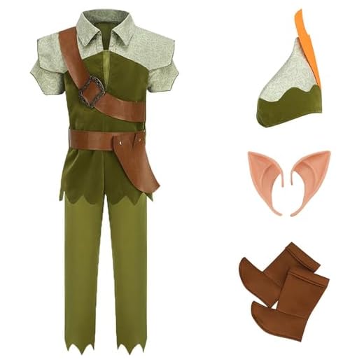 Kolegrial Niños Peter-Pan Disfraz Cosplay Peter-Pan Elfo Outfit con Gorro Orejas de Elfo Set 7 Piezas para Fancy Dress Up Navidad Carnaval Halloween Fiesta Cumpleaños Mascarada Traje, 3-12 años