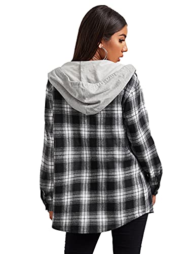 Shein Women's Plaid Drawstring Hooded Blouse Long Sleeve Button Down Work Hoodie Shirt Top Jackets Black And White Large #TOP1