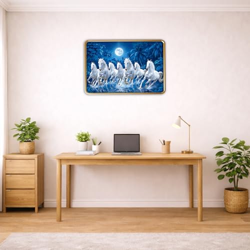 Image of XOPY Seven Running Horses with Golden Frame | Vastu 7 horses Raw Pyrite Painting for Home, Office & Living Room Wall Decore | 12X18 Inch Sparkle Laminated Frame | Best For Gifting (53323, 12X18)