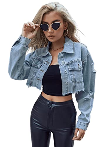Floerns Women's Long Sleeve Button Down Cropped Denim Ripped Jean Jacket