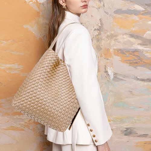 Image of Fashion Woven Tote Bag for Women, Female Hobo Bag, Beach Handbag Purse, Travel Shoulder Bag with Adjustable Strap (Apricot)