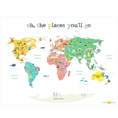 Kindred Sol Collective World Map for Kids Poster (11x14) – Educational Kids World Map with Animals & Landmarks, Nursery Wall Decor, Playroom & Classroom Learning Map