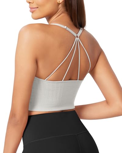 Image of ODODOS Seamless Padded Sports Bra for Women Strappy Longline Wirefree Brami Ribbed Crop Tank Tops, White, Medium-Large