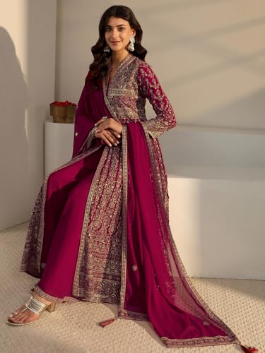 Image of Libas Art Embroidered Georgette Anarkali Kurta With Palazzos and Dupatta | ethnic wear | bridal suit | occasion wear