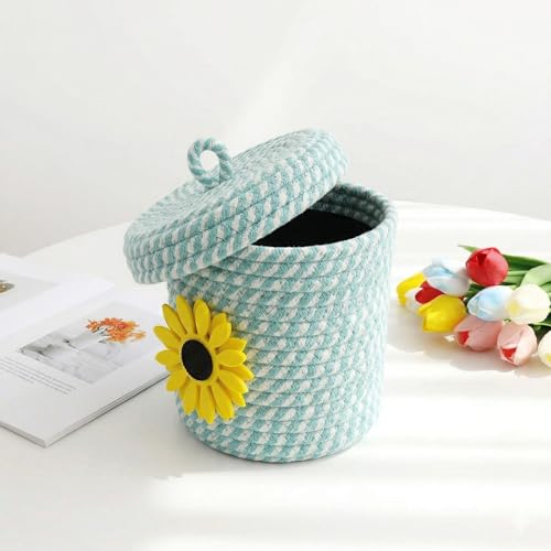 Image of Jute Basket For Storage Cotton Rope Toys Basket With Lid Handwoven Natural Foldable Laundry Hamper for Home, Office, Living Room Size 5x5 inch (yellow flower)