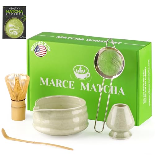Marce Matcha Whisk Set- Matcha Set includes Matcha Whisk and Bowl (Bowl with Spout), Sifter, Holder...