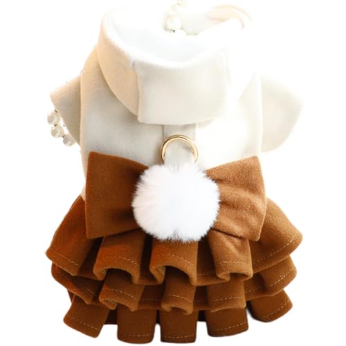 ISUPY 可愛い ペット服 ワンピース 秋冬 裏起毛 ドレス 犬服 スカート 小中型犬 ドッグウェア 蝶結び フード付き 人気 ファッション 厚い 犬猫洋服 着物 お正月 寒さ対策 (XL,ブラウン)
