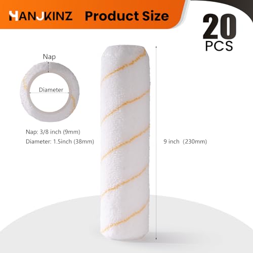 HANJKINZ 9 Inch Microfiber Paint Roller Covers, 20 Pack, Paint Rollers 9 Inch (3/8\" Nap), Large Paint Rollers, Paint Supplies for Painting Walls
