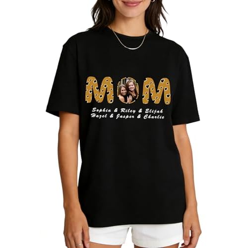 Custom4U Custom T Shirts for Mom Shirts with Custom Kid's Name Personalized Birthday New Mom Gifts 06-leopard Print With Photo