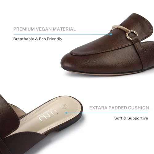 Image of MUSSHOE Gold Buckle Mules for Women - Comfortable Memory Foam Loafers, Classy Slip On Flats for Office Business Casual, Dressy Pointed Toe Shoes