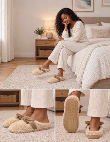 Fuzzy Slippers for Women Size 9, Soft Mary Jane Flats Slippers with Bow - image 3