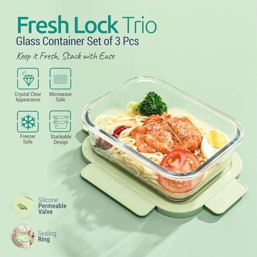 Image of Kitchne Star Fresh Lock Trio Glass Container Set of 3, Airtight Leak-Proof Stackable Lunch Box with Locking Lids, BPA-Free, for Office Travel and Meal Prep