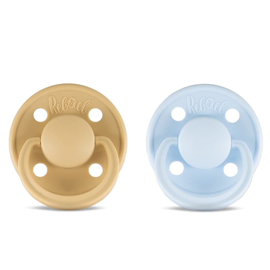 Rebael Mono Newborn Dummies 0-6 Months - Comforting Natural Rubber Round Pacifier, Safe and Easy to Sterilise Baby Soothers - 2 Pack Newborn Essentials | Almond & Sky