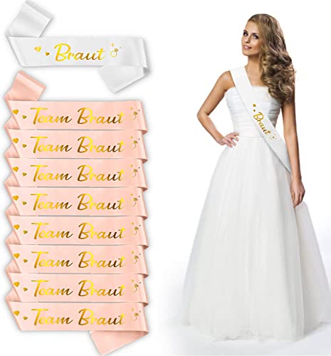 YoungRich JGA Deko Frauen Schärpen Set, 9PCS Braut und Team Braut Schärpe Set-1 Weiß Braut und 8 Roségold Team Braut Schärpe, JGA Accessoires Frauen für Braut Hochzeit Junggesellenabschied Hen Party Cover