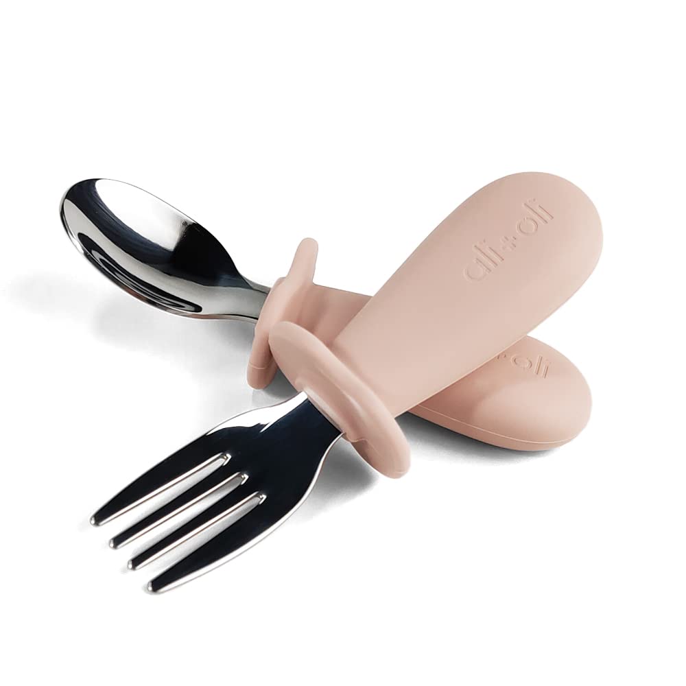 Ali+Oli Spoon & Fork Learning Set for Toddlers (Powder Pink) 6m+ Grab Easy BPA Free Food-Grade Silicone Handle, Kids Silverware Self Feeding Baby