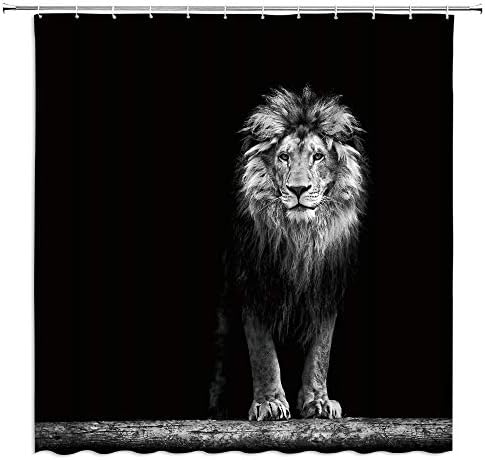 Lion Shower Curtain Black White Wild Animal African Wildlife Cool Boy Men Hunting Vintage Majestic Bathroom Decor Curtains with Hook 70x70Inch