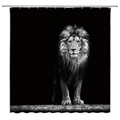 Lion Shower Curtain Black White Wild Animal African Wildlife Cool Boy Men Hunting Vintage Majestic Bathroom Decor Curtains With Hook 70X70Inch #TOP3