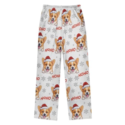 Christmas Pajama Pants Dog Santa Hat Snowflakes Long Sleep Pants Lounge Bottoms2
