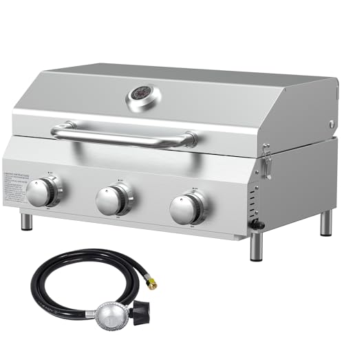 Image of Bestfire 3-Burner Tabletop Gas Grill, 30,000 BTU Portable Propane Grill, Heavy-Duty Thickened Stainless Steel Grates & Knobs, Compact & Detachable Legs for Camping, RV&BBQ