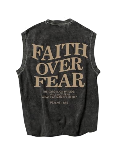 Verdusa Vintage T Shirts for Men Graphic Y2K Gym Shirts Letter Sleeveless Loose Washed Tank Tops Black Medium