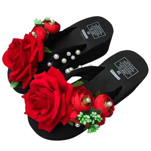 Loizziuy Black Floral Slippers Summer Women's Sandals Elevated Heels Thick-Soled Platform Handcrafted Rose Flower Decor for The Beach