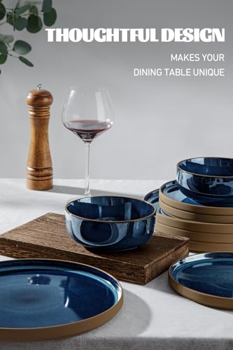 Image of Famiware Nature Plates and Bowls Sets, 12 Pieces Stoneware Dinnerware Sets, Dishes Set for 4, Dishware Sets, Microwave and Dishwasher Safe, Midnight Blue