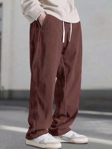 Image of Pinkmint Men's Stretchable Ribbed Track Pants | Poly Lycra Relaxed Fit Trousers | Elastic Waist Drawstring Joggers | Casual, Gym, Lounge Wear for Men