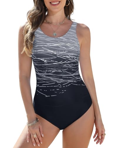 Yuson Girl One Piece Swimsuits for Women Competitive Athleti Swimsuit Racerback Training Swimming Costumes Ladies Bathing Suits Square Neck Padded Swimwear Push Up with Removable Cups(2-Black, XL)