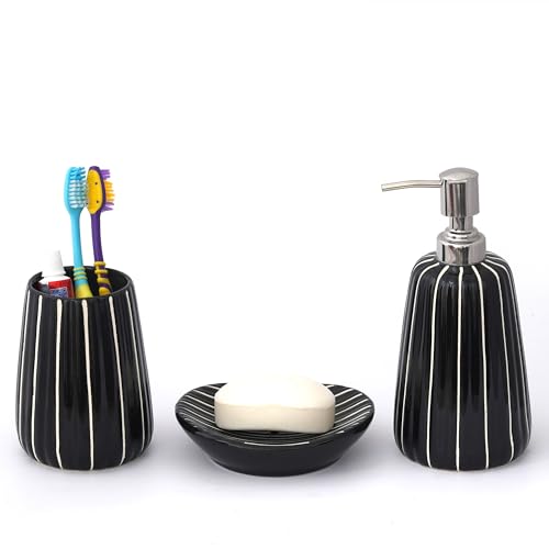 Image of Premium Ceramic Bathroom Accessories Set of 3 | Modern Luxury Bath Set with 300ml Soap Dispenser, Toothbrush Holder & Soap Dish | Home Decor Items (Black & White)