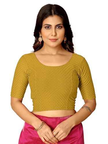 Image of Amazon Brand - Anarva Round Neck Dobby Cotton Lycra Stretchable Elbow Half Sleeve Readymade Saree Blouse for Women Stylish