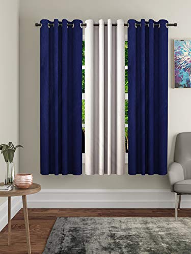 Image of Home Sizzler Polyester 3 Piece Window Curtain Set, 5 feet (2 Blue, 1 Cream)