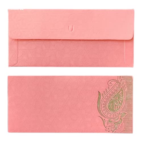 Image of Pack of 25 Matellic Baby-Pink Colourful Designer Shagun Lifafa /Money Gift Envelope with Golden Matellic Keri for Gifting Money on Wedding, Birthday & Any Other Occasion