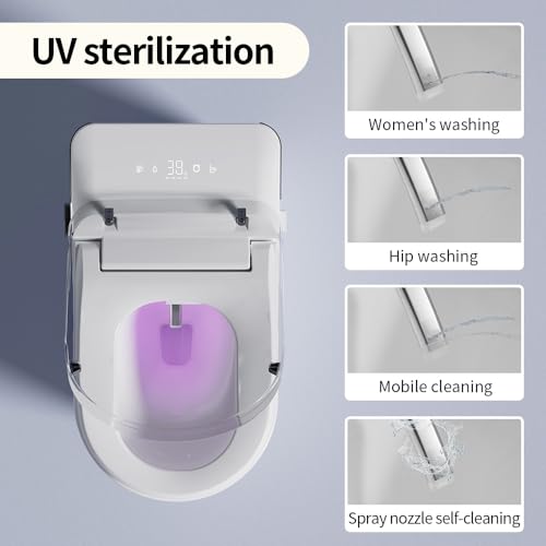 Inodoro inteligente de una pieza con bidé, inodoro moderno alargado para baños con agua tibia, doble descarga automática, operación por sensor de pie, asiento bidé calefactado, inodoro eléctrico sin tanque con pantalla LED miniatura 3