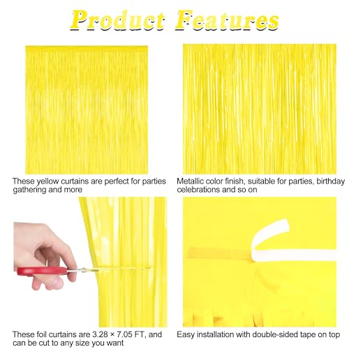 Image of ZATAYE 2 Pack Yellow Foil Curtain Streamer Decorations | Yellow, Metallic Foil, 3.28 x 7.05 FT, Tinsel Backdrop, Foil Curtain Streamer, Party Decor, Photo Booth Door Wall Decor
